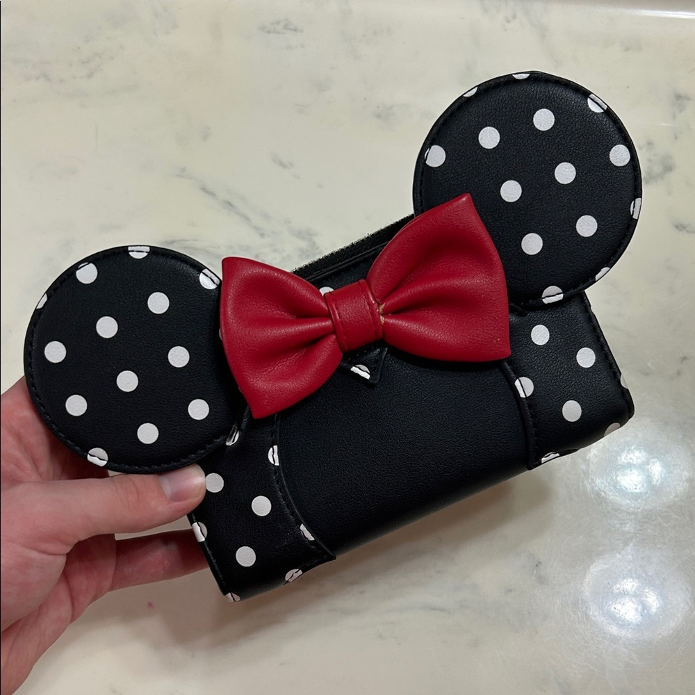 Loungefly Black Polka Dot Minnie Mouse Wallet with Red Bow